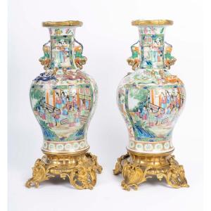 Large Pair Of Canton Porcelain Vases, 19th Century 