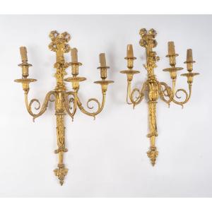 Pair Of Gilded Bronze Wall Sconces In The Louis XVI Style. 19th Century