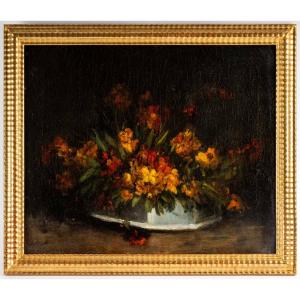 Painting By Victor Vincelet 1839-1871. Bouquet Of Wallflowers In A Planter.