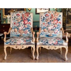 Large Pair Of Regency Style Armchairs Upholstered With An 18th Century Aubusson Tapestry.