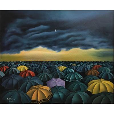 Fernando San Martin Félez The Drop Of Water And The Umbrellas Oil Canvas Surreal Spanish