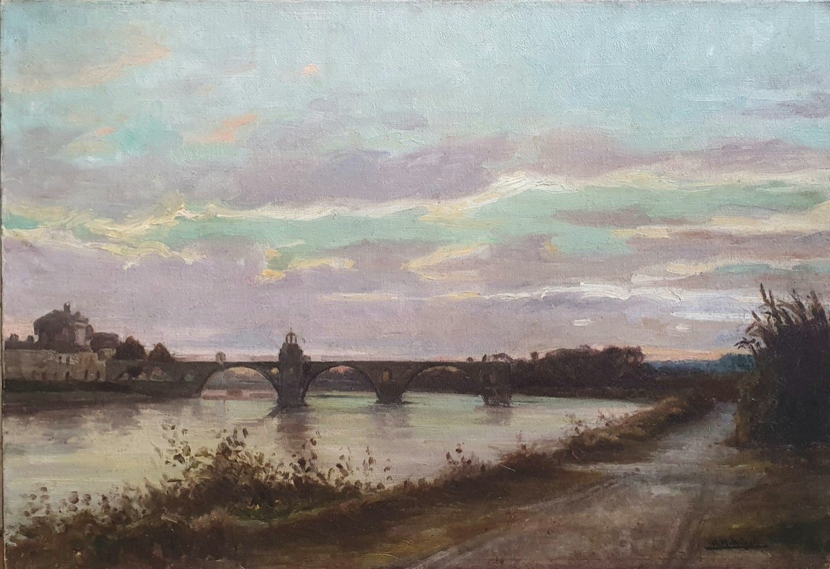 Olynthe Madrigali The Bridge Of Avignon Oil On Canvas Evening Effect