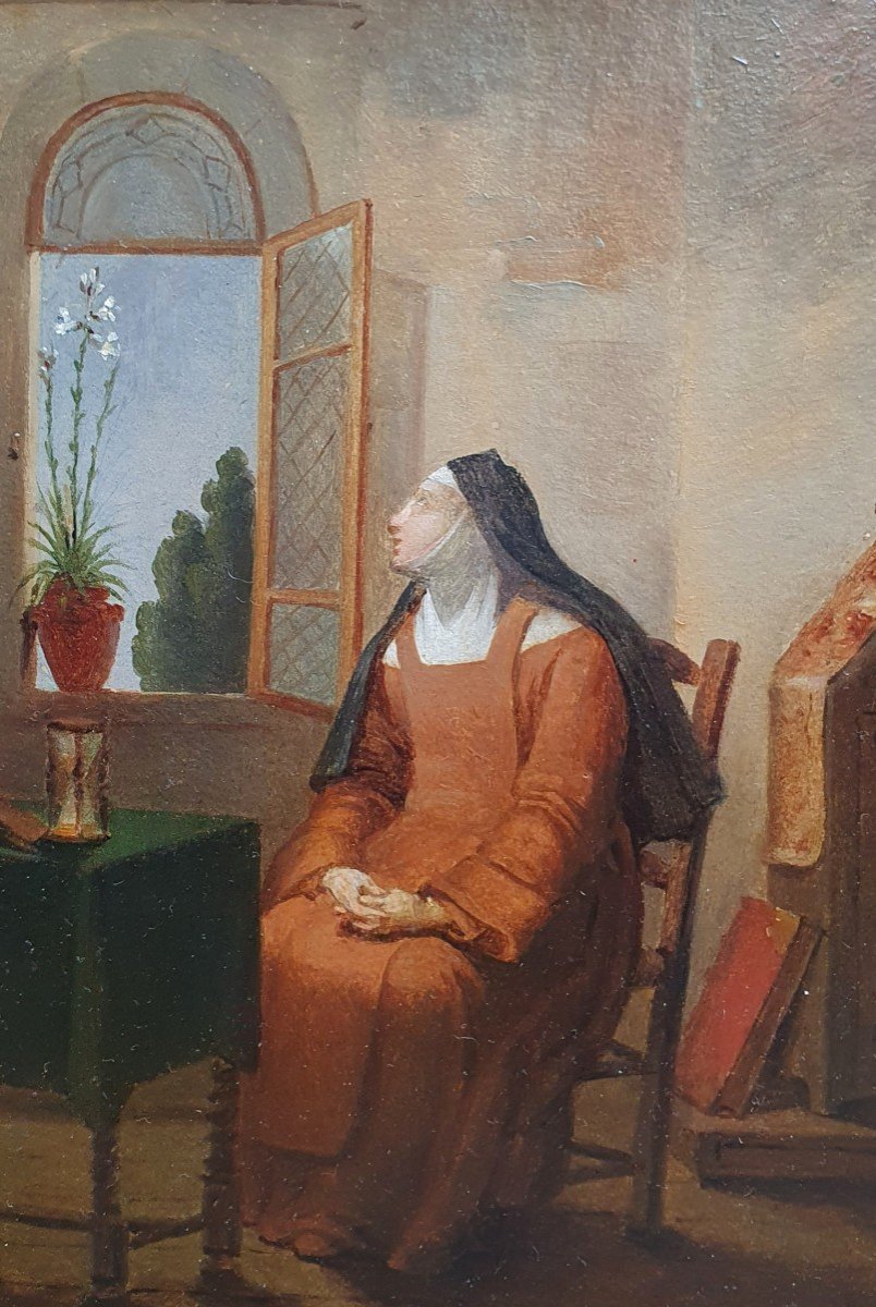 Religieuse à La Vanité Huile Sur Papier Vers 1800 Crâne Sébastien Leroy -photo-3