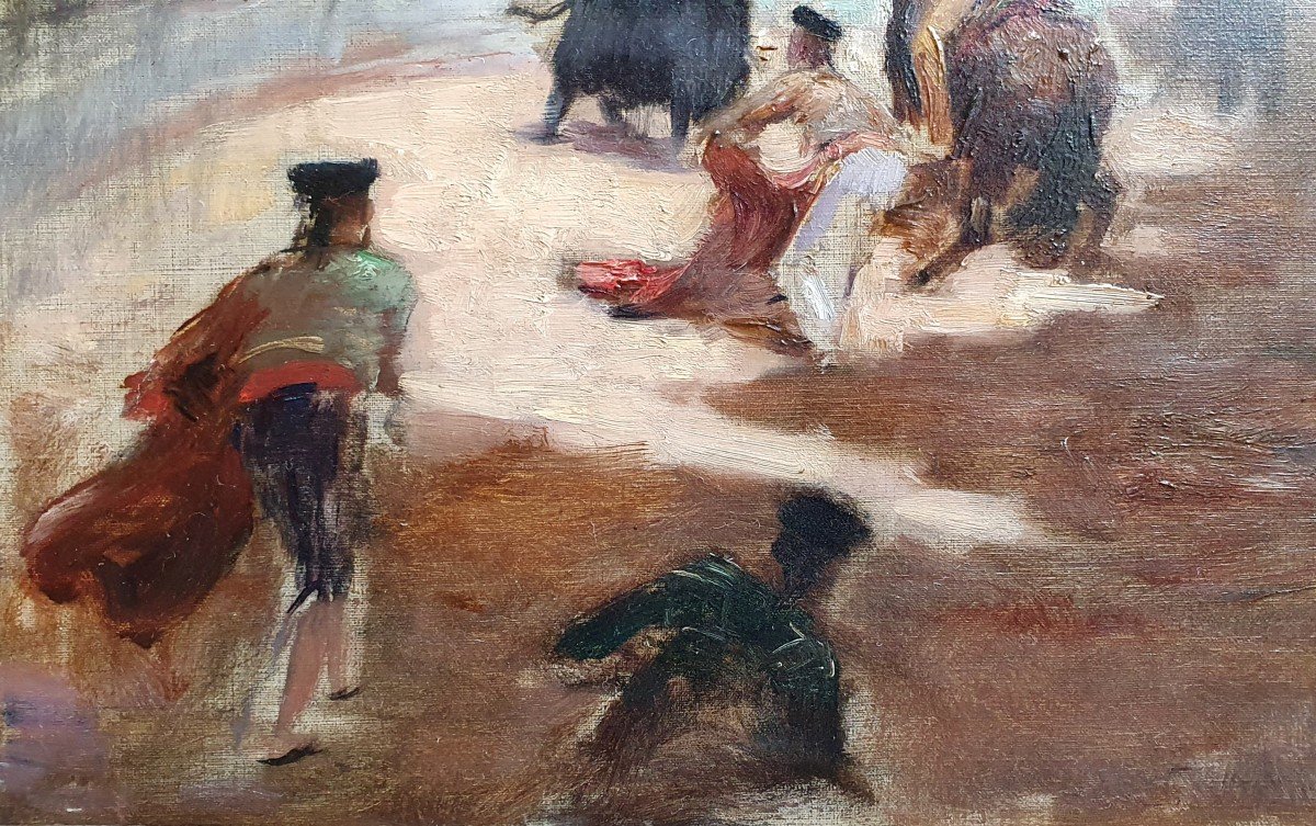 Gaston Thys Corrida De Toros Huile Sur Toile XIXème Esquisse Lille -photo-4