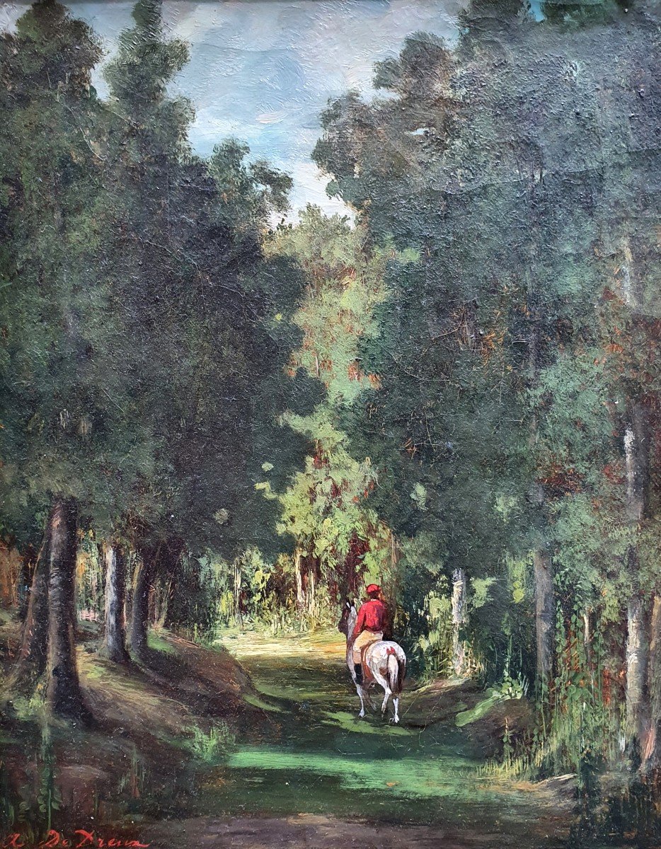 Attribué à Alfred De Dreux Cavalier Dans La Forêt Chasse Huile Sur Toile Vers 1850-60-photo-2