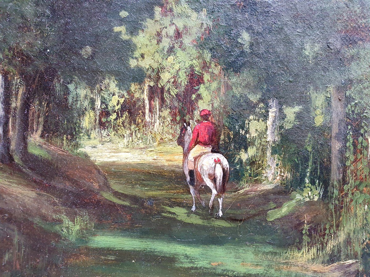 Attribué à Alfred De Dreux Cavalier Dans La Forêt Chasse Huile Sur Toile Vers 1850-60-photo-4