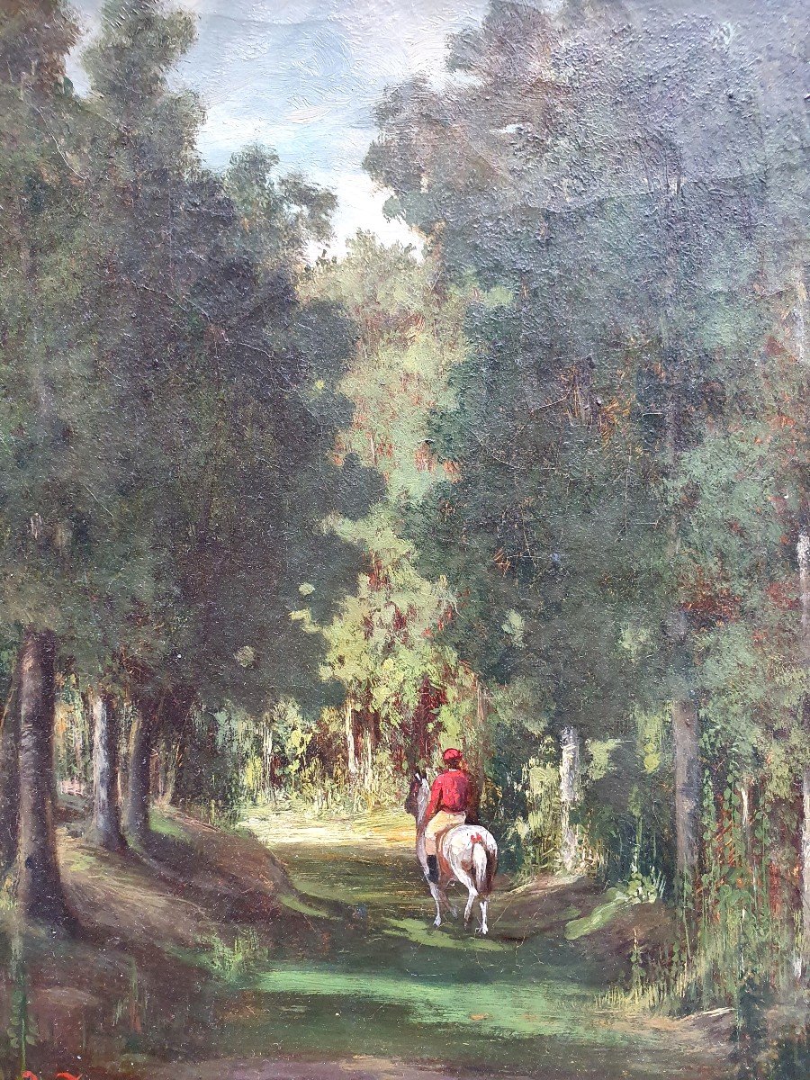Attribué à Alfred De Dreux Cavalier Dans La Forêt Chasse Huile Sur Toile Vers 1850-60-photo-1