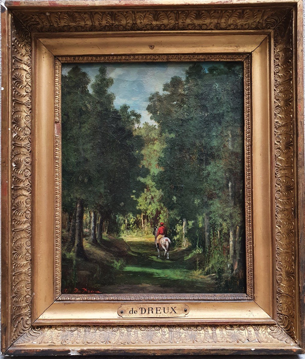Attribué à Alfred De Dreux Cavalier Dans La Forêt Chasse Huile Sur Toile Vers 1850-60