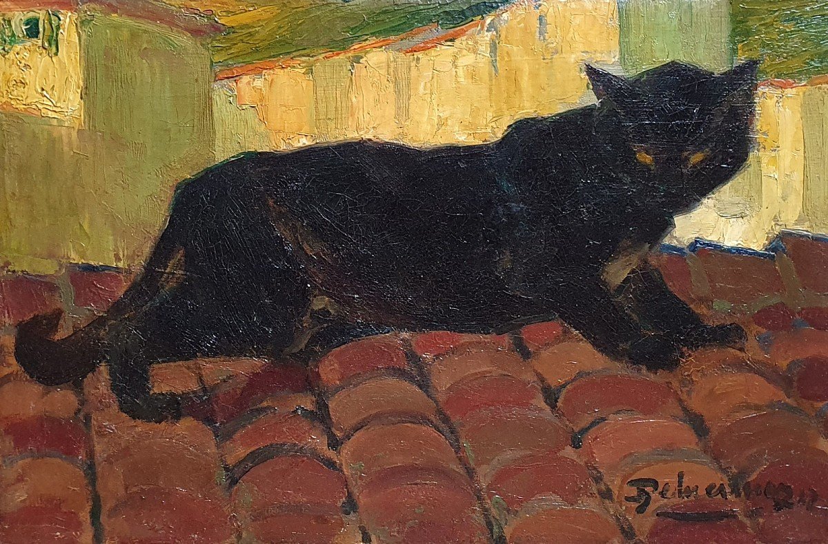 Henri Deluermoz Le Chat Noir Sur Un Toit Huile Sur Toile 