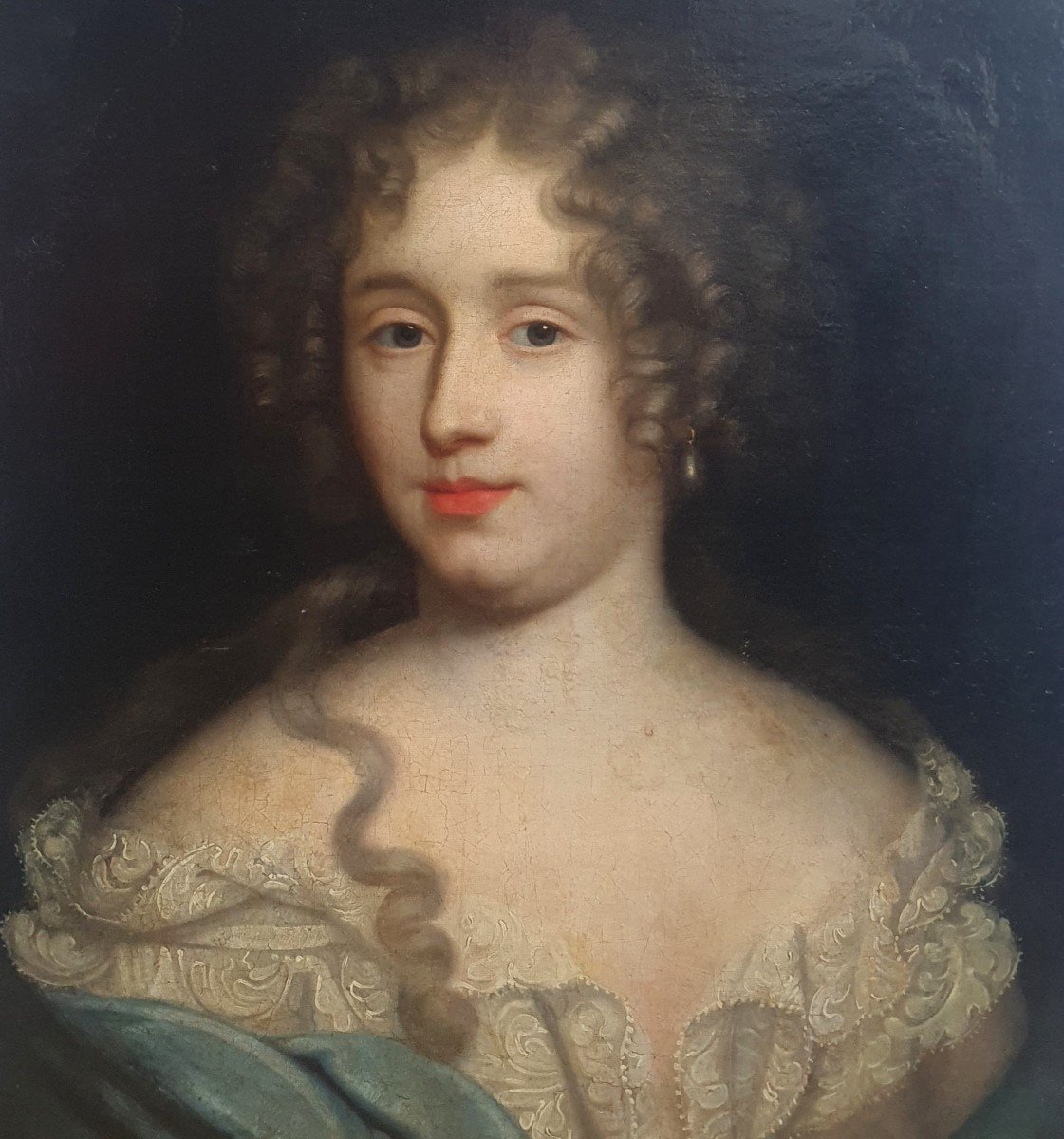 Portrait De Femme à La Perle Du XVIIème Siècle Huile Sur Toile -photo-2