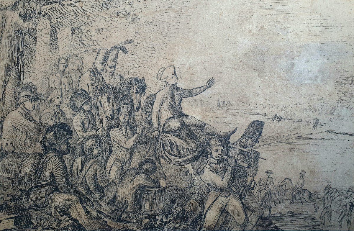 Bonaparte La Bataille Du Pont d'Arcole Dessin à La Plume d'époque Empire Napoléon 