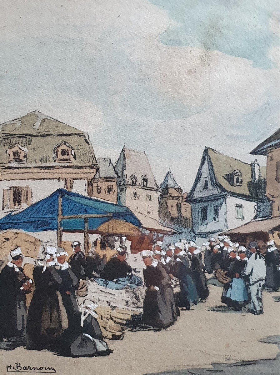 Henri Barnoin Un Marché En Bretagne Lithographie Rehauts De Gouache -photo-4