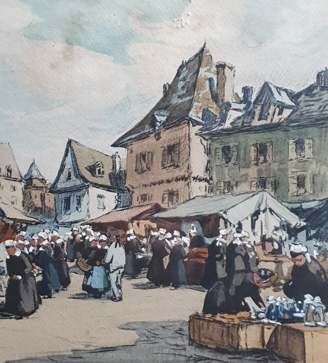 Henri Barnoin A Market In Brittany Lithograph Heightened With Gouache-photo-1