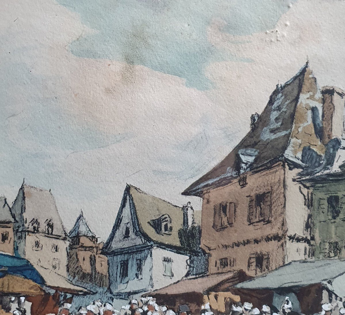 Henri Barnoin A Market In Brittany Lithograph Heightened With Gouache-photo-2