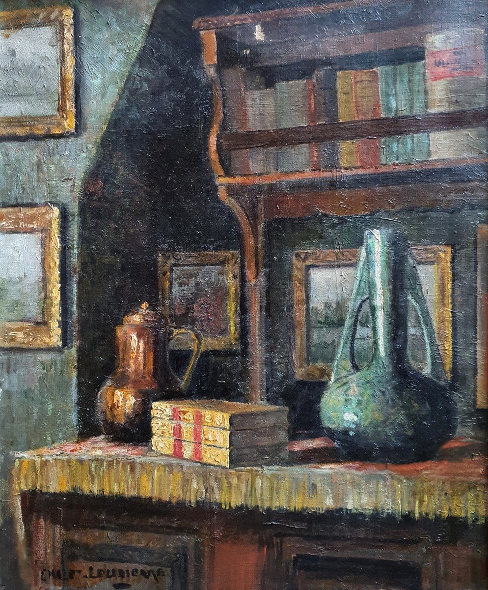 Nature Morte Intérieur d'Un Salon Céramique Livres Tableaux Huile Sur Toile Signée