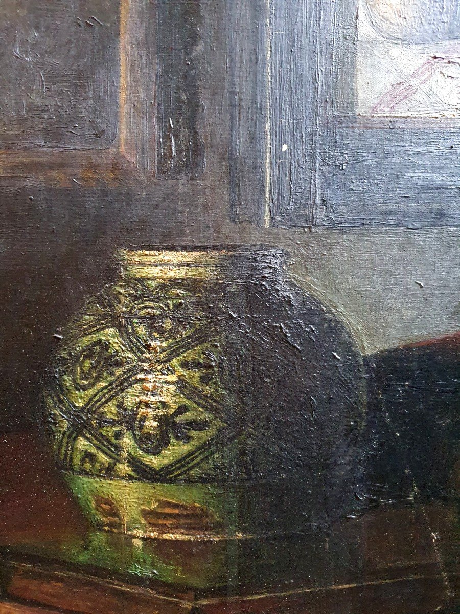 l'Intérieur d'Un Amateur Huile Sur Toile Nature Morte Tableaux Céramique Livres-photo-3