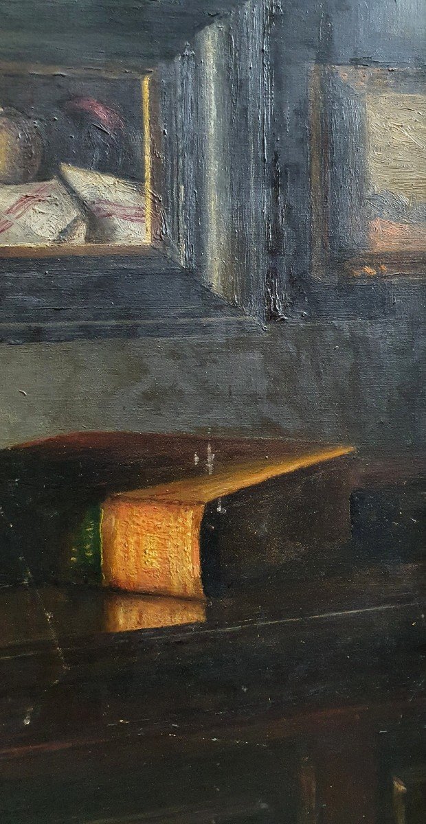 l'Intérieur d'Un Amateur Huile Sur Toile Nature Morte Tableaux Céramique Livres-photo-1