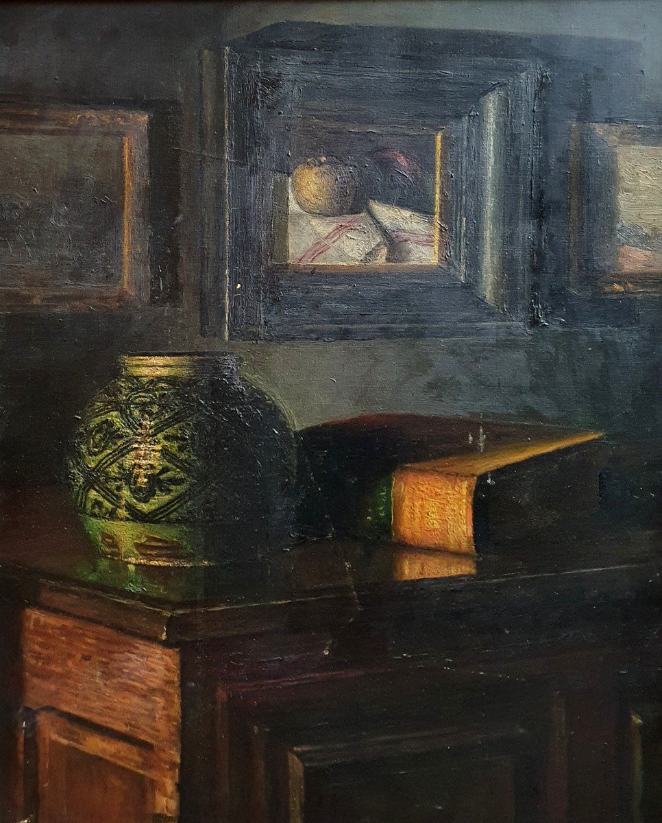 l'Intérieur d'Un Amateur Huile Sur Toile Nature Morte Tableaux Céramique Livres