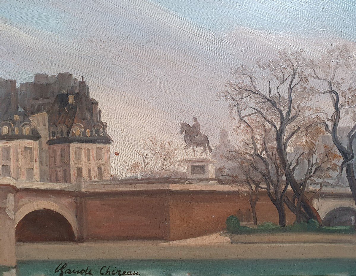 Claude Chereau Statue équestre d'Henri IV Paris Pont Neuf Huile Sur Panneau-photo-4