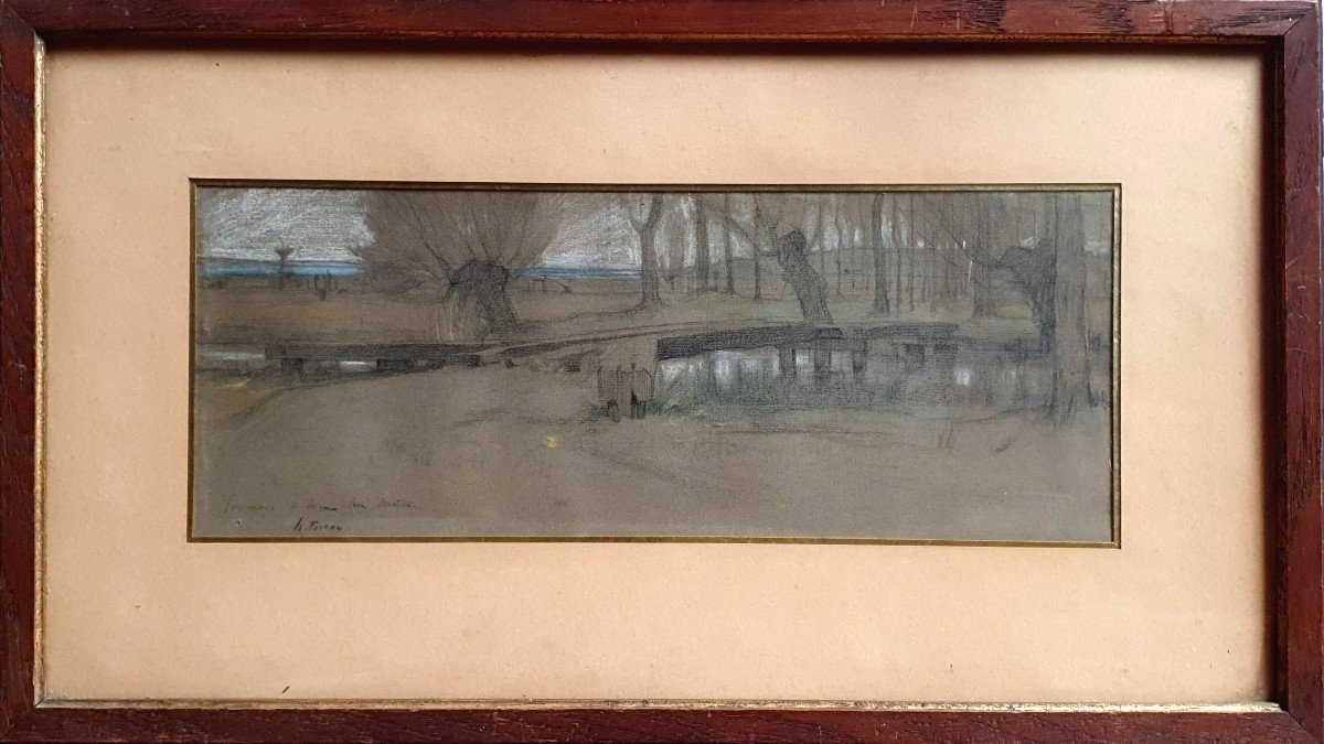 Henri Foreau Paysage à l'étang Hommage à Henri Joseph Harpignies dessin crayon -photo-2