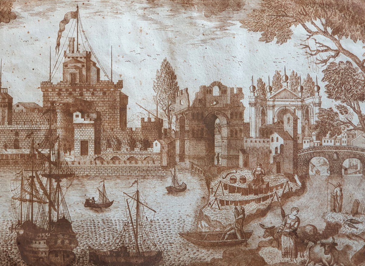 Dutch School Drawing Pen And Ink From The XVIIth Century Landscape Animated City Port-photo-3