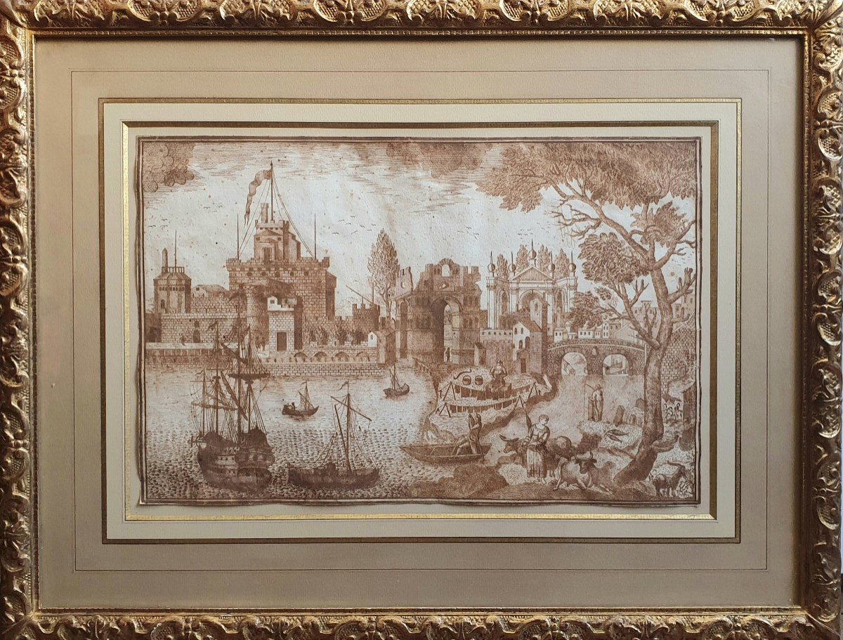 Ecole Hollandaise Dessin Plume et encre Du XVIIème Siècle Paysage Ville Animée Port 