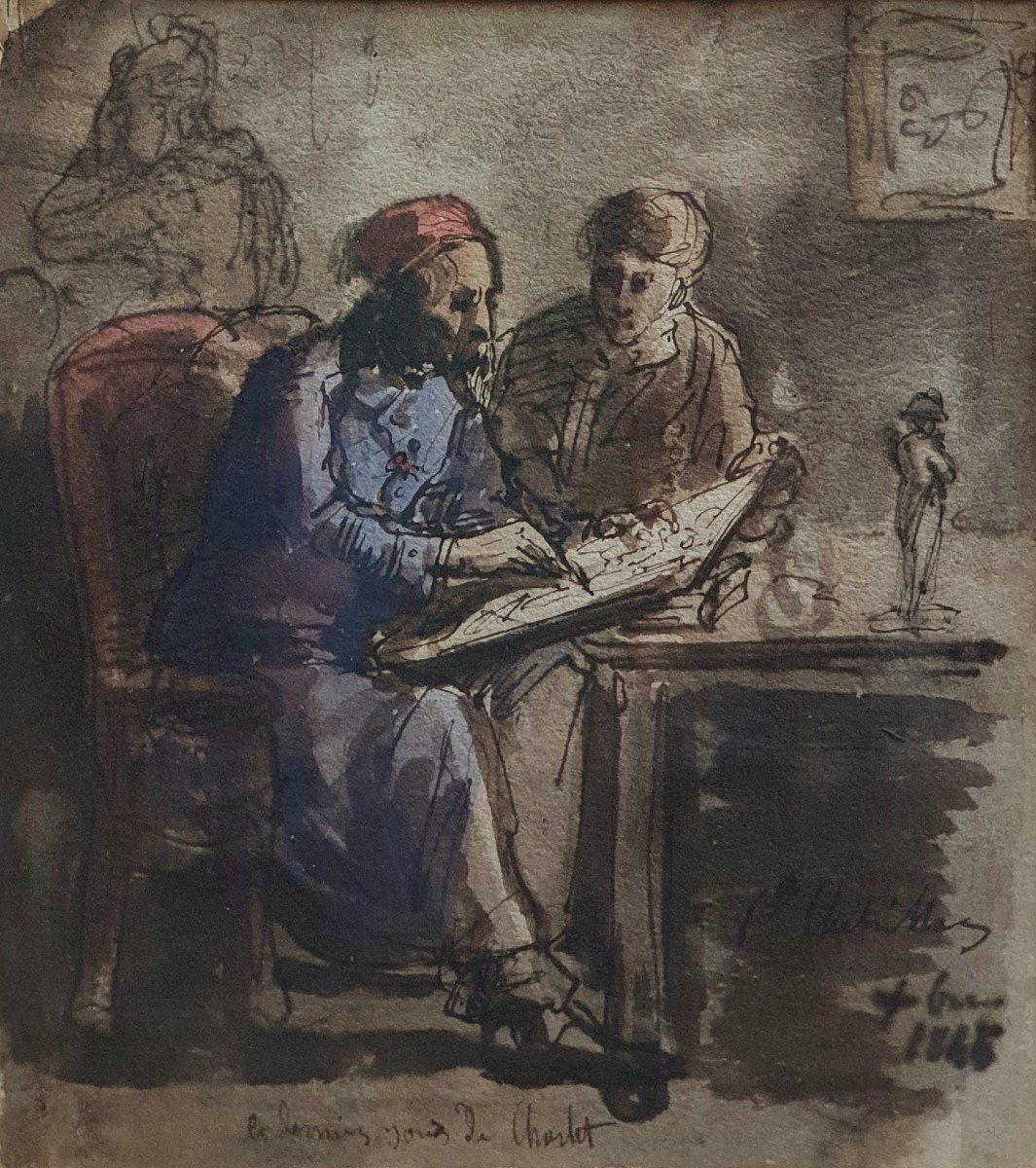 Portrait Of Nicolas Toussaint Charlet Before His Death Chabrillac Watercolor Pen 1845 Napoleon 