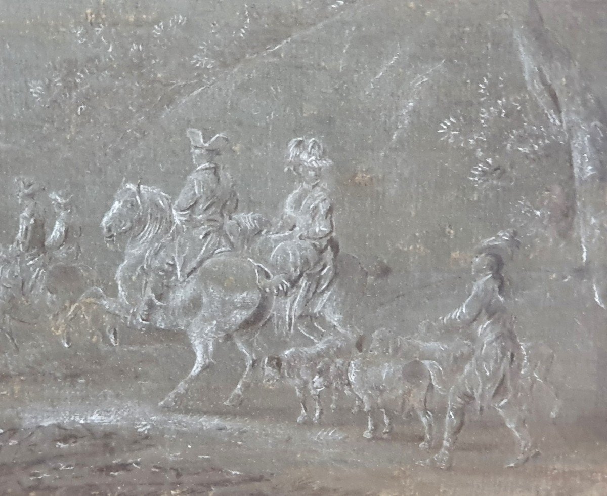 Scène De Chasse d'époque Louis XV Gouache Sur Papier -photo-2