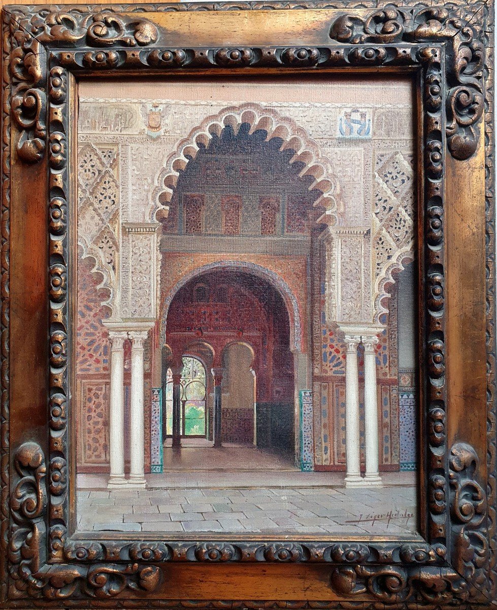 Fernando Liger Hidalgo Intérieur De l'Alcazar à Séville Huile Sur Toile Vers 1920 Espagne -photo-2