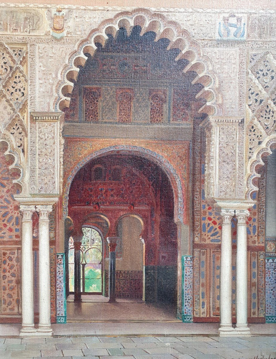 Fernando Liger Hidalgo Intérieur De l'Alcazar à Séville Huile Sur Toile Vers 1920 Espagne -photo-3