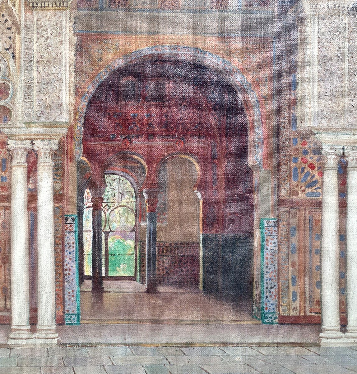 Fernando Liger Hidalgo Intérieur De l'Alcazar à Séville Huile Sur Toile Vers 1920 Espagne -photo-4