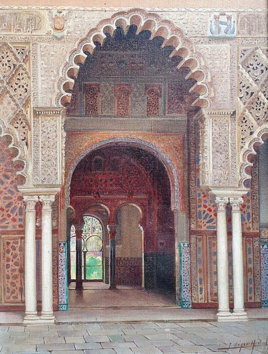 Fernando Liger Hidalgo Intérieur De l'Alcazar à Séville Huile Sur Toile Vers 1920 Espagne 