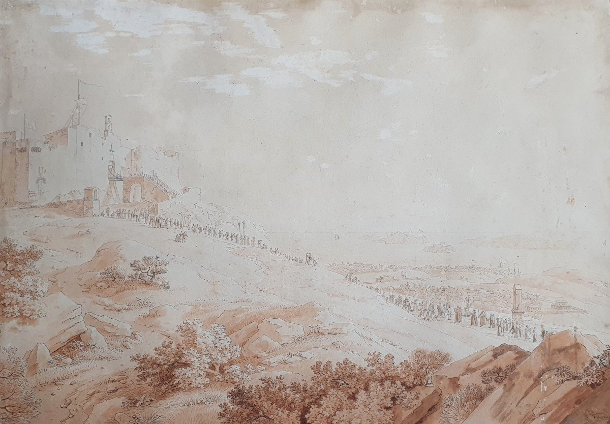 Constant Bourgeois Du Castelet Scène De Procession Château Italie Méditerranée Dessin