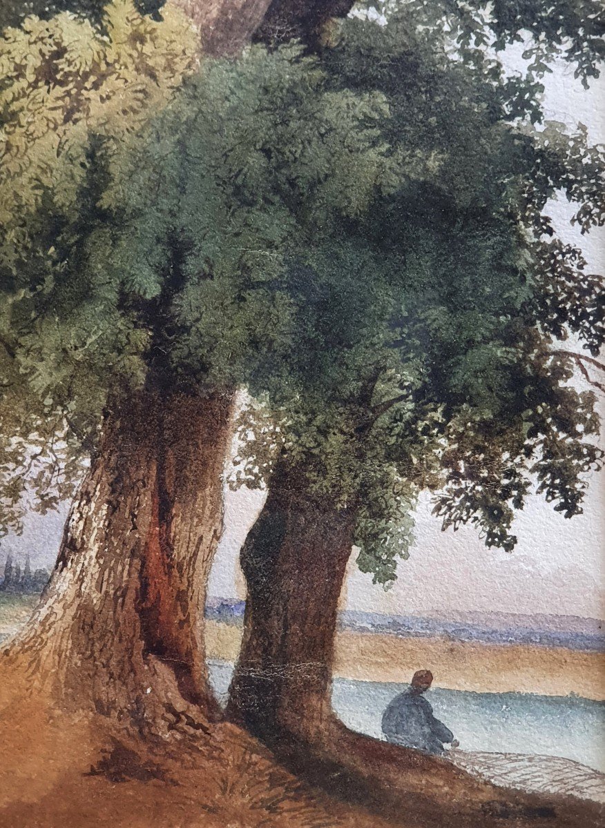 Pêcheur au filet Au Bord De l'Eau Aquarelle Vers 1840 -photo-4