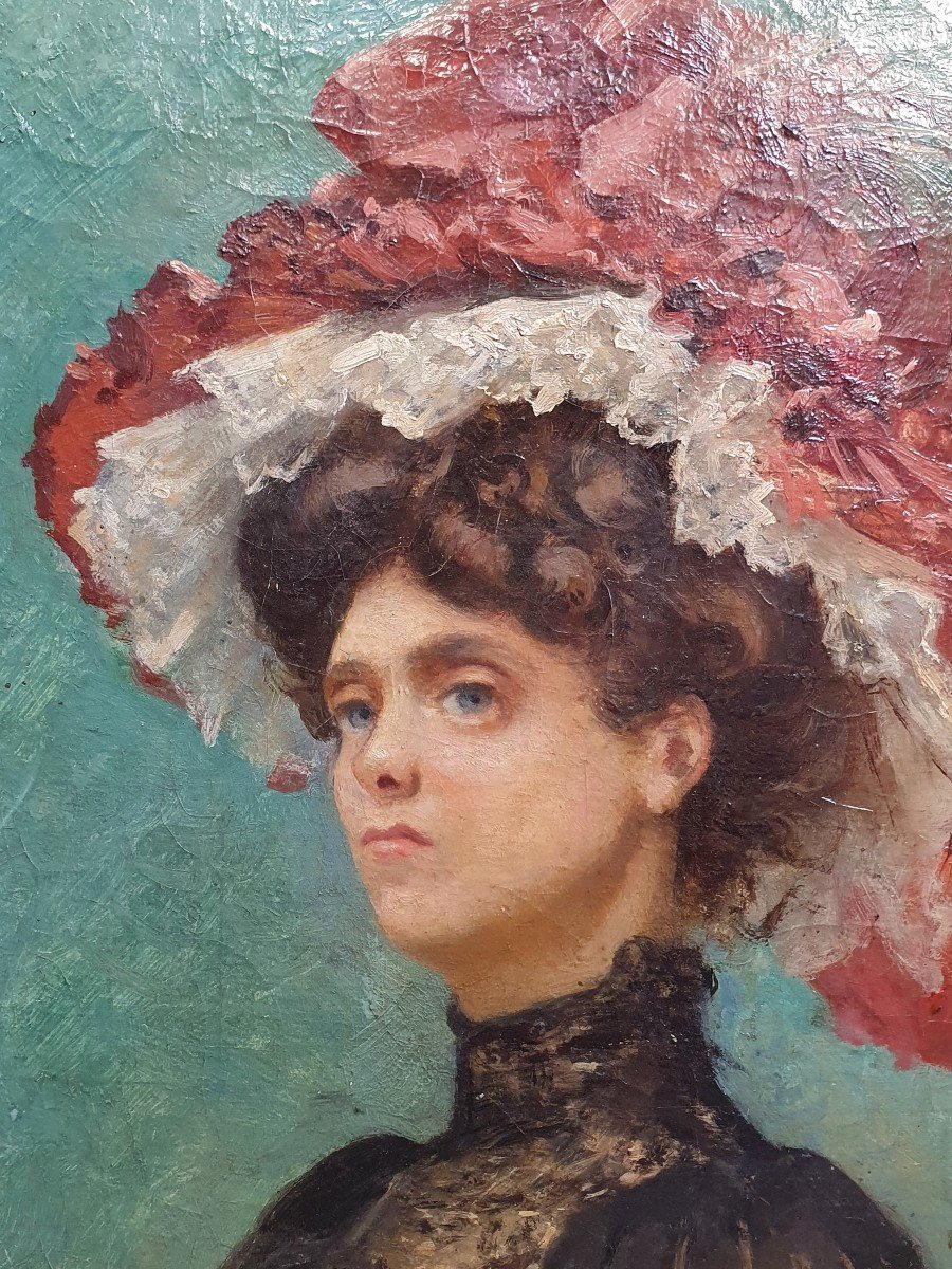 Femme Au Chapeau En Plumes De Paon Vers 1890 Huile Sur Toile-photo-2
