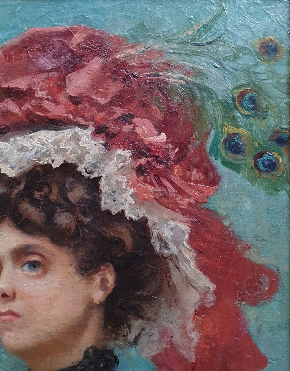 Femme Au Chapeau En Plumes De Paon Vers 1890 Huile Sur Toile-photo-3