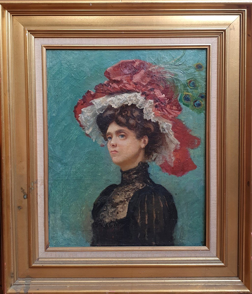 Femme Au Chapeau En Plumes De Paon Vers 1890 Huile Sur Toile-photo-4