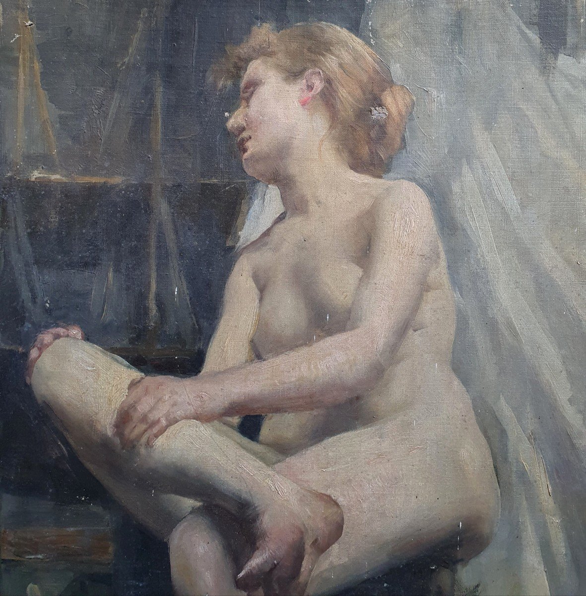 Théodore Dupeyron Nude Model In The Female Workshop Oil On Canvas To Restore XIXth Century-photo-2