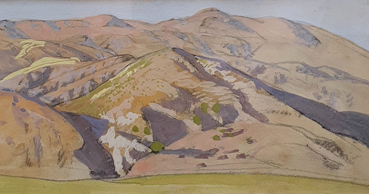 Emile Aubry Landscape Of Mountains Gouache On Paper-photo-2