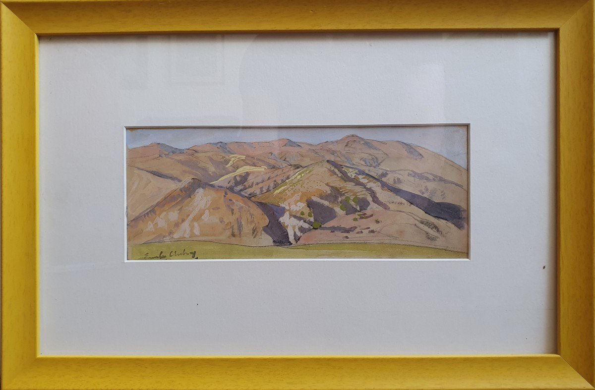 Emile Aubry Landscape Of Mountains Gouache On Paper-photo-4