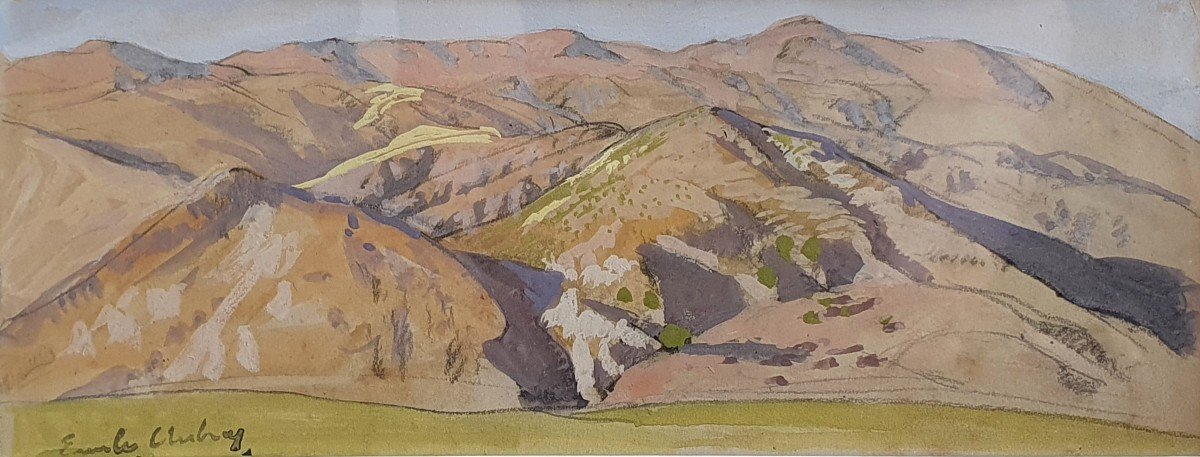 Emile Aubry Landscape Of Mountains Gouache On Paper