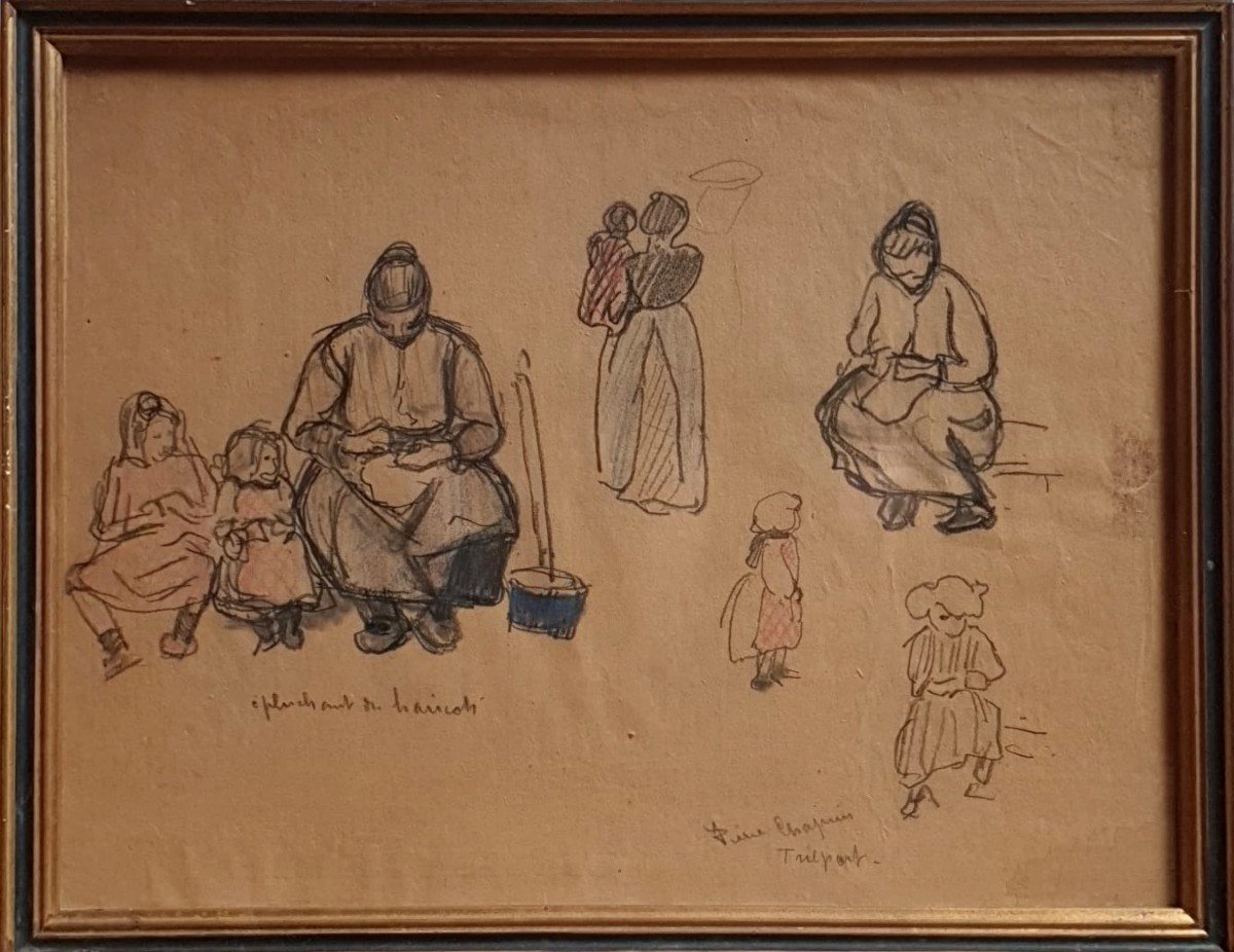 Pierre Chapuis Trilport Femmes Et Enfants épluchant Les Haricots Pastel Ou Craie