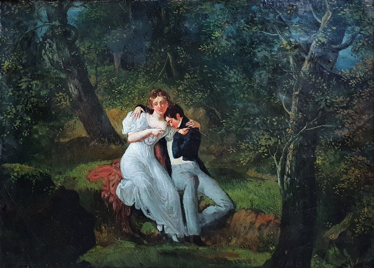 Les Amoureux Huile Sur Toile Vers 1840 Scène Romantique cadre empire -photo-2
