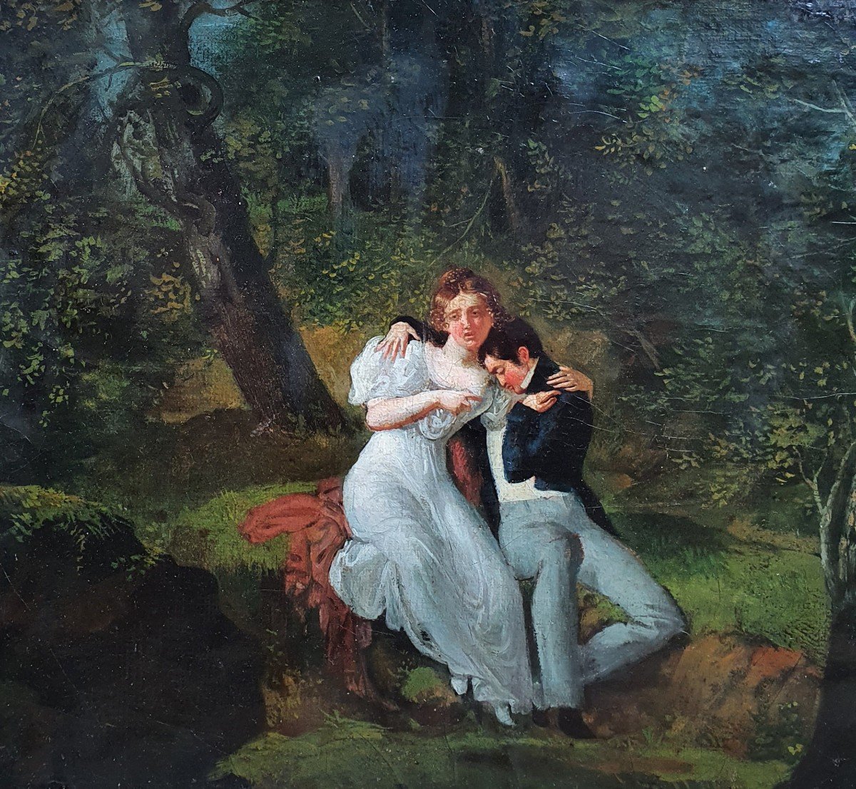 Les Amoureux Huile Sur Toile Vers 1840 Scène Romantique cadre empire -photo-4