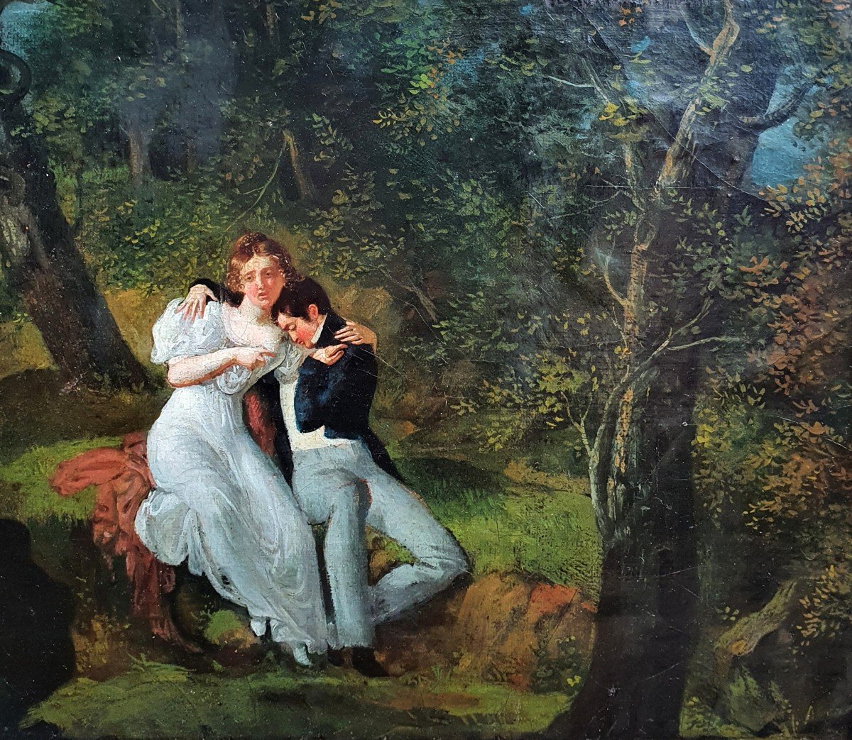 Les Amoureux Huile Sur Toile Vers 1840 Scène Romantique cadre empire -photo-1