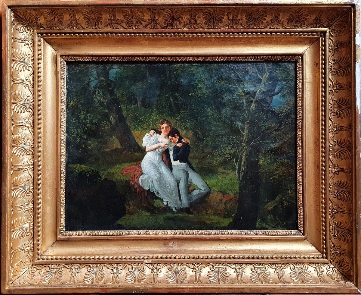 Les Amoureux Huile Sur Toile Vers 1840 Scène Romantique cadre empire 