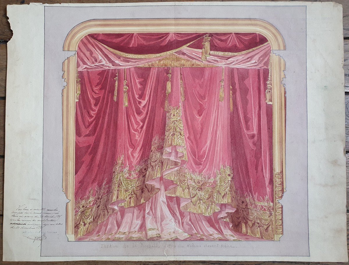 Projet De Rideau Pour Le Théâtre De La Rochelle 1887 Aquarelle Rehauts d'Or-photo-3