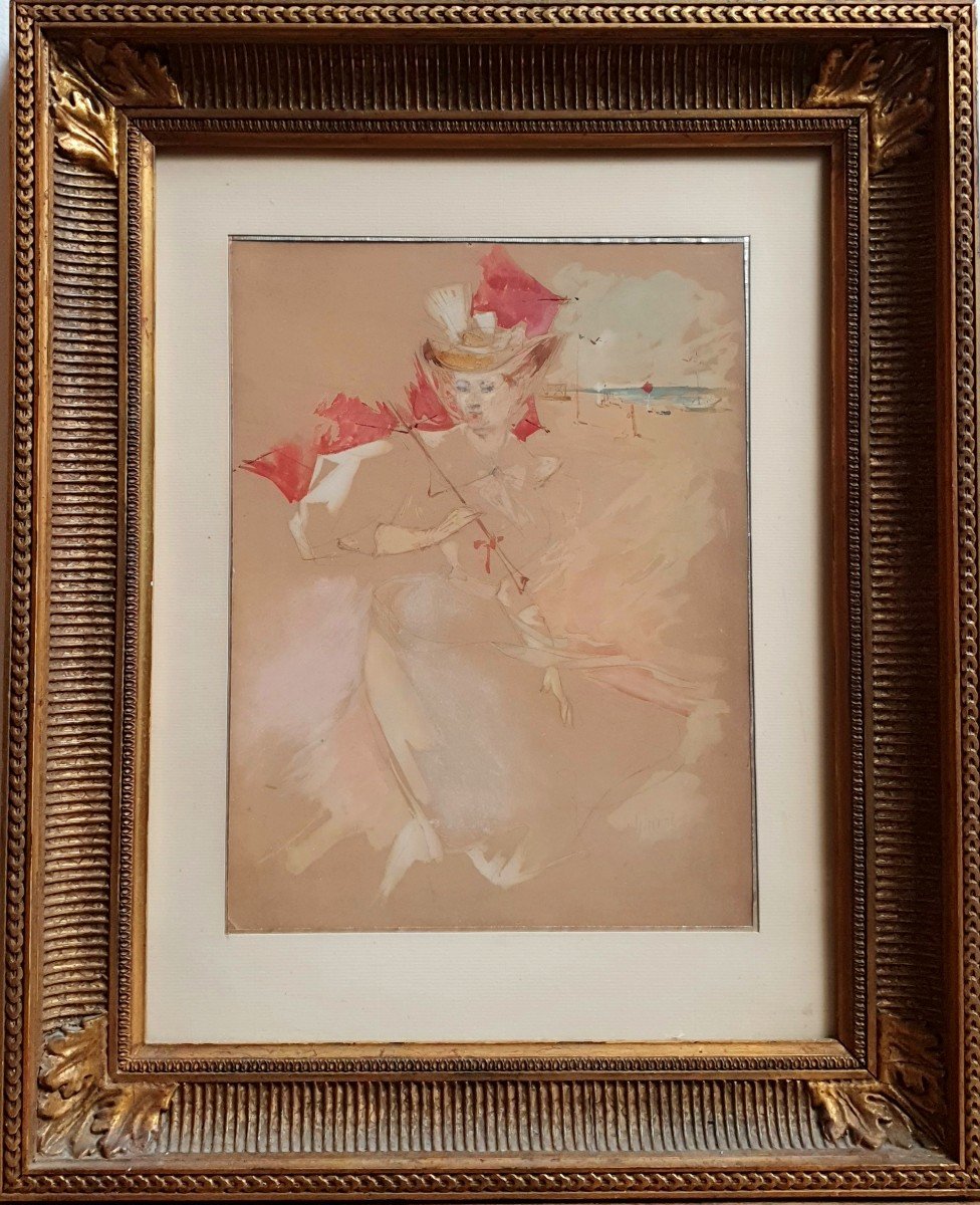 Jules Chéret Woman With A Parasol At The Normandy Beach Gouache And Watercolor-photo-2