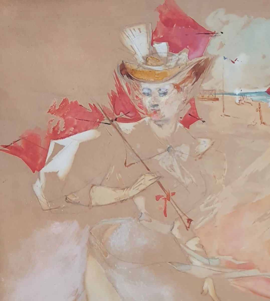 Jules Chéret Woman With A Parasol At The Normandy Beach Gouache And Watercolor-photo-4