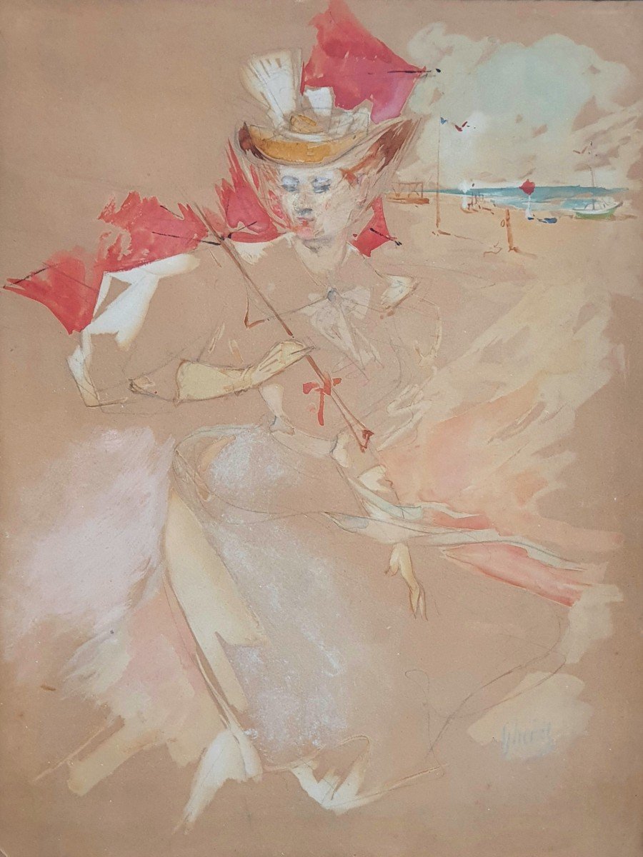 Jules Chéret Femme à l'Ombrelle à La Plage Normandie Gouache Et Aquarelle 